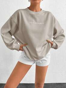 Cottnline 100% Cotton Women's Loose Fit Letter Print Sweatshirt - Camel - View 5