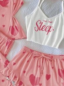 SHEIN 4 件套女士可爱心形印花吊带背心上衣和短裤睡衣套装 - 粉色 - 查看 3