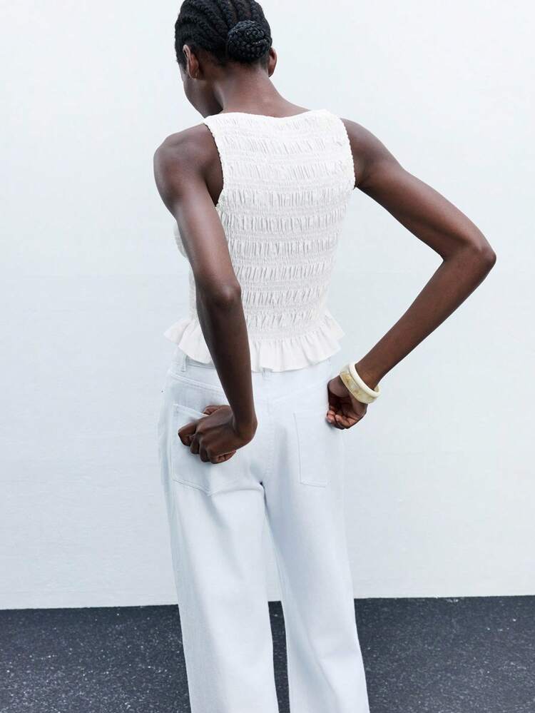 SHEIN Maija Ruffle Hem Boat Neck Slim Fit Sleeveless Top, Suitable For Wedding Guest, Brunch, Airport, Daily, Party, Graduation, Casual, Versatile, St Patrick's Day Easter Summer Party Top Beach Summer Holiday Each Vacation Going Out Graduation