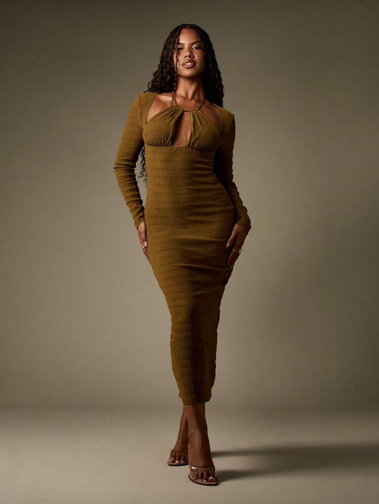 MISSGUIDED Vestido midi texturizado y fruncido con cuello halter, manga larga, de punto acanalado para fiesta, club, noche, otoño, invierno, ajustado, glamoroso, vacaciones
