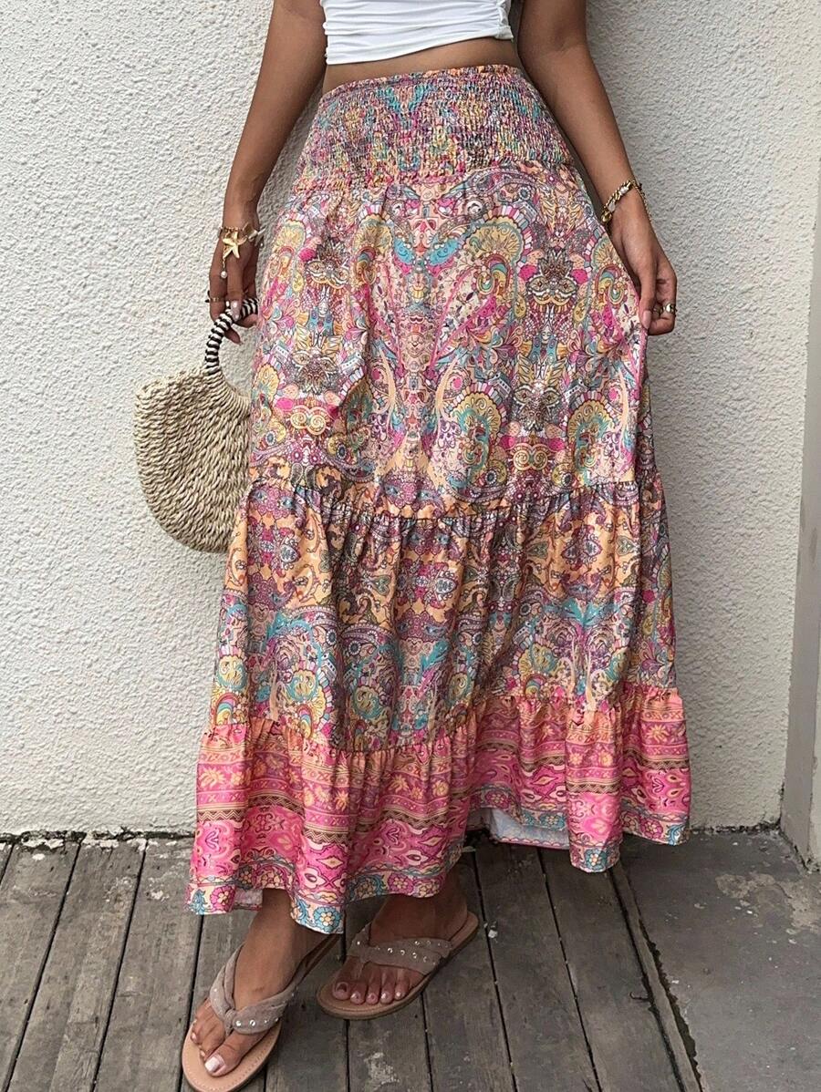 SHEIN Tall Váy maxi xếp nếp nhiều lớp cạp thấp in họa tiết phong cách retro, thanh lịch, dễ thương, gợi cảm, tinh tế, thích hợp cho kỳ nghỉ, bãi biển, thường ngày, mặc hàng ngày, đi chơi, hẹn hò, phụ nữ cao, xuân/hè/thu - Nhiều màu - Xem 1