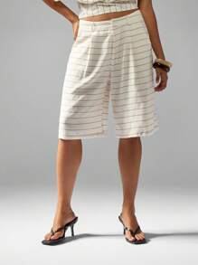 MISSGUIDED Striped Bermuda Tailored Linen Feel Shorts Mid Rise Pleated Knee Length Summer Resort Wear Walking Casual Beach Vacation Bottoms - Apricot - View 3