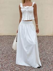 Livesso 女士方领收腰上衣和宽松半裙两件套，夏季露肩上衣 - 米色 - 查看 5