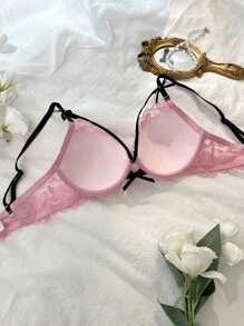 DelicateAllure Pink Lace Push Up Bra With Backless Design And Cute Bow Details, Cute Lace Bras Push Up  Cozy And Elegant Details Lingerie Bra - Pink - View 2