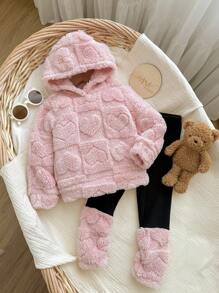 2 件套女婴可爱粉色蓬松连帽衫和裤子套装，秋冬女婴冬季服装幼儿女童冬季服装女童冬季服装套装两件套女婴冬季服装女婴秋季保暖衣服套装