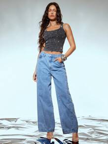 Denimoi 水钻装饰水洗罗纹针织背心 - 深灰色 - 查看 3