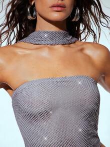 Denimoi Áo lưới đính đá với cổ choker, Áo đính đá, Áo lưới, Đi chơi đêm cùng bạn bè, Buổi hòa nhạc, Thời trang, Câu lạc bộ, Áo mùa hè dễ thương, Áo đi nghỉ mát, Áo dự tiệc, Áo gợi cảm - Xám - Xem 2