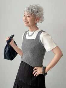 FRIFUL 女士纯色深灰色罗纹纹理修身背心式毛衣背心，适合休闲、旅行、机场穿着的多功能分层单品