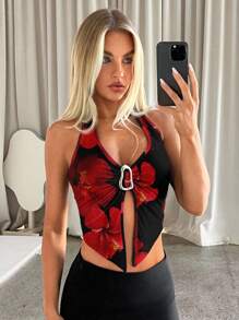 Aloruh 女士休闲优雅深 V 领金属环装饰露背紧身吊带上衣，适合夏季，红色花卉印花