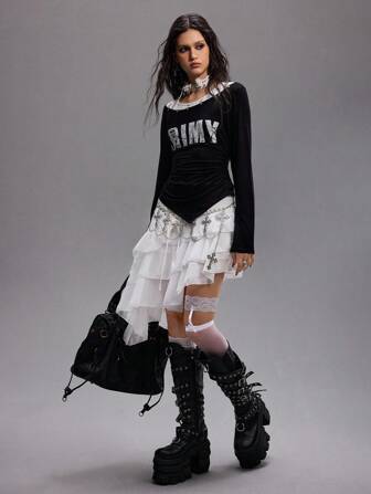 EDITION Vintage Punk Stil asymmetrischer Saum Buchstaben Muster Langarm T-Shirt Top für Frauen