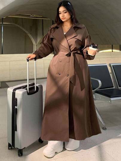 SHEIN EZwear معطف خندق كاجوال طويل بالخردل، خريف/شتاء