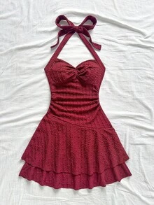 Soleia Red Mini Wrap Dress With Twist Neck, Gathered Waist, Double-Layer Hem For Vacation, Dating, Afternoon Tea, Holiday, Music Festival, Bohemian Style Red Beach Dress Sexy Vacation Dress Skirt Swimsuit Set - Burgundy - View 4