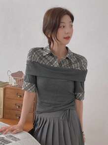 DAZY Chemise à manches courtes style de rue ajustée, épaules dénudées, couleurs contrastées à carreaux pour femmes, printemps/été/automne - Gris - Voir 10