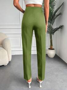 SHEIN Cottnline High Waist Solid Color Suit Pants - Mustard Yellow - View 2