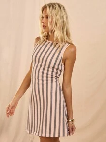 Avantive Vestido mini casual de mujer sin mangas a rayas, de verano - Caqui - Ver 6