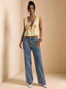 SHEIN BAE 黄色缎面蕾丝拼布吊带背心，适合度假、海滩、音乐节、早午餐、婚礼嘉宾、伴娘、春夏季