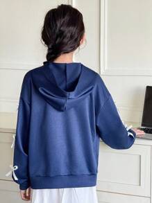 Genkimix Kids Girls' Casual Fashion Activewear Daily Hooded Drop Shoulder Long Sleeve Loose Navy Jacket Hoodie Outerwear With 3D Bow Design And Real Pockets Zipper Chic Outfits For Autumn/Winter Fall - Navy Blue - View 2