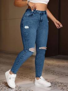 EURMUSE Jeans en denim décontractés, polyvalents et déchirés avec poches, pour femmes de grande taille