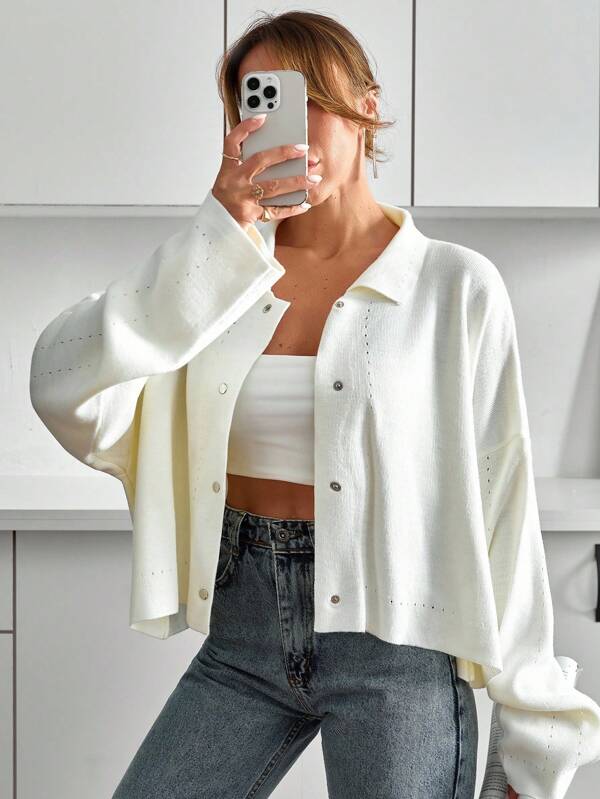 EURMUSE Women Solid Color Collar Neck Front Button Drop Shoulder Cardigan,Long Cardigans Woman,Petite Cardigans,Cardigans