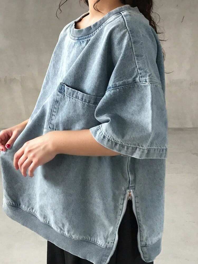 Dazy Plus Plus Size Light Washed Blue Round Neck Pullover Denim Top With Pockets And Zipper Hem Decoration