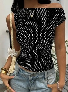 Sunnyshic Petite 白色和黑色波尔卡圆点不对称褶皱修身腰部衬衫，优雅休闲度假沙滩装，适合娇小女性夏季穿着 - 黑色 - 查看 6