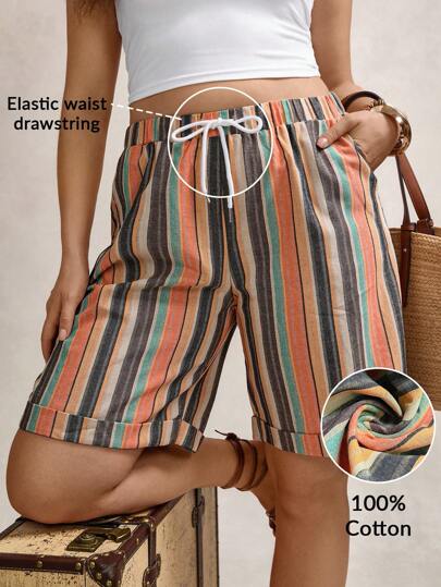 Zelara Pantalones cortos versátiles de talla grande, cómodos y casuales, con rayas de colores, bolsillos grandes, estilo boho, vaquero, bohemio occidental, hippie de verano para mujer