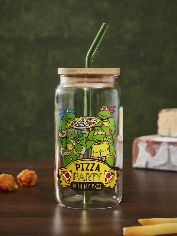 TEENAGE MUTANT NINJA TURTLES X SHEIN 1 pieza Vaso de vidrio de 500ml/17.6oz con pajita, incluye cepillo para limpiar la pajita, resistente al calor, apto para leche, jugo y bebidas