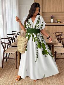 EMERY ROSE Plus Size Casual Vacation Plant Print Cinched Waist Split Hem Dress - Multicolor - View 3