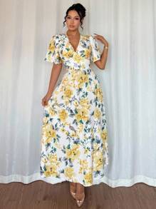 Chiquease 优雅荷叶边V领开衩印花连衣裙，春夏大学校园连衣裙 - 黃色 - 查看 6