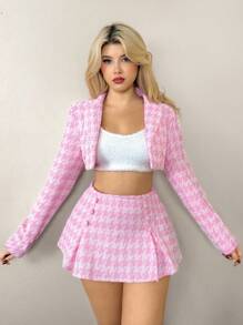 Sweetina Bộ 2 món áo khoác ngắn họa tiết răng sói màu hồng và đen kèm chân váy mini xếp ly cạp thấp cho nữ mùa thu/đông - Màu Hồng baby - Xem 5