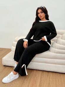 SHEIN EZwear Ensemble deux pièces en tricot ample et décontracté,Topt à manches longues et pantalon large. Ensemble deux pièces confortable en tricot côtelé pour femmes, tenue automne-hiver - Noir - Voir 5