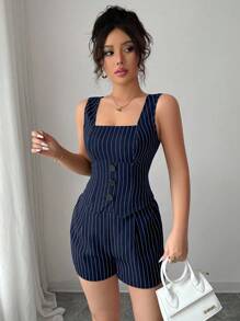 Chiquease 夏季休闲通勤条纹背心和短裤两件套 - 藏蓝色 - 查看 8