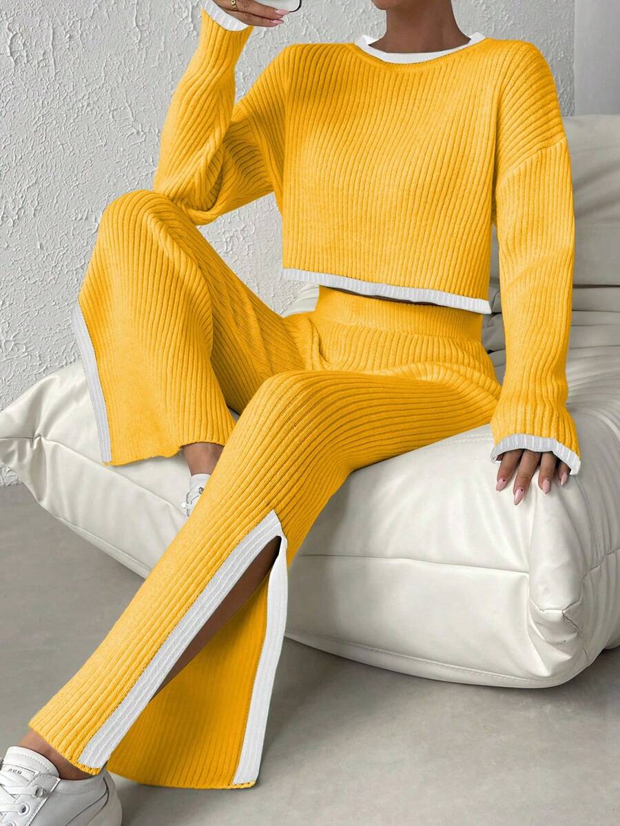 Chiquease 2pcs Contrast Trim Round Neck Long Sleeve Top And Split Hem Pants Knit Set Knitted Sweater Clothes For University - Mustard Yellow - View 1