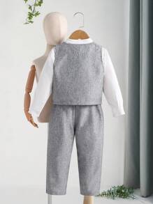 SHEIN 3pcs/Set Young Boy Gentleman Style Shirt, Vest And Pants, Sibling Matching, Spring/Autumn Toddler Boys Formal Wear Elegant Boys Outfits Little Boy Suit Set Boys Vest Set Boys Dressy Outfit Fall Winter - Grey - View 2
