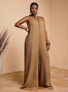 Veslaya 2025 Nouvelle combinaison ample à jambes larges avec nœud torsadé, style ras-du-cou, dos nu sexy, pour festival de musique d'été, mariage, anniversaire, port décontracté quotidien, vacances, croisière, plage, bronzage, rouge-brun, grande taille femme