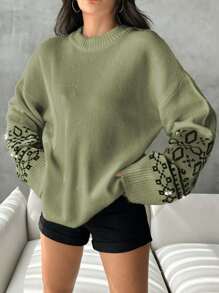 EURMUSE Women's Autumn Winter Casual Geometric Pattern Beaded Decorative Sweater - Olive Green - View 5