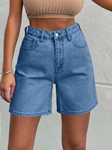 EURMUSE 100%Cotton LIGHT WASH HIGH WAIST SHORT - Blue - View 6