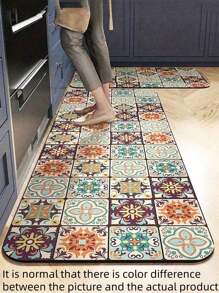 SHEIN 1Pc Vintage Floral Pattern Diatomaceous Earth Kitchen Floor Mat & Rug Valentine DAY, Valentines Wedding, Birthday, Kitchen, Kitchen Decor, Home Decor - Multicolor - View 7