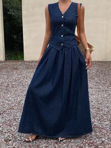 DAZY 洗水牛仔V领背心和迷你裙女式牛仔套装 - 深色水洗藍 - 查看 7