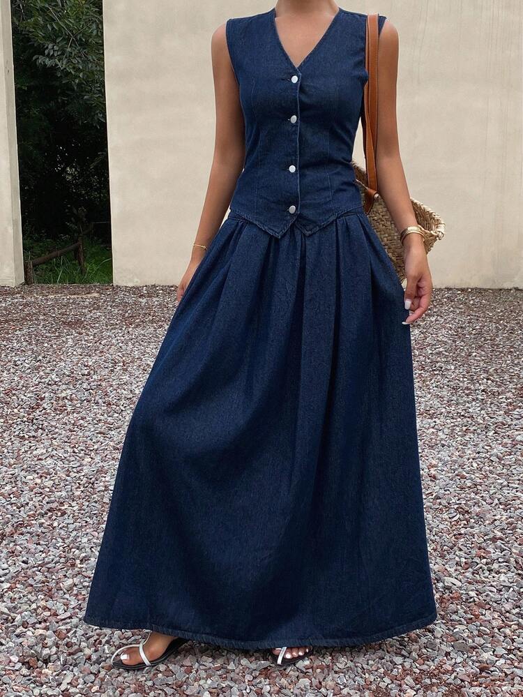 Washed Denim V-Neck Tank Top And Mini Skirt Women's Denim Suit