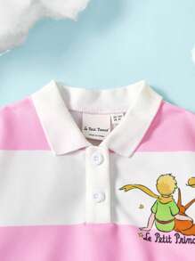 LE PETIT PRINCE X SHEIN Young Girl Cartoon Fox Print Pink & White Striped Cute Sweet Polo Collar Long Sleeve Sweatshirt - Pink - View 3