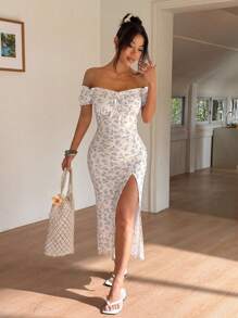 SHEIN Unity Women's Off Shoulder Side Slit Ditsy Floral Dress - Multicolor - View 4