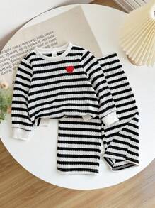 SHEIN Baby Girl Casual Contrast Striped Sweatshirt & Pants Set Toddler Striped Outfit Baby Striped Two Piece Set Knit Striped Baby Clothes Black And White Baby Set Toddler Knit Set Fall Winter