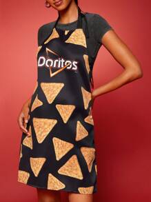 Doritos X SHEIN 1pc Waterproof & Oil-Proof Enjoy Chips Printed Black Apron, Unisex Design Suitable For Cooking & Baking - Multicolor - View 2