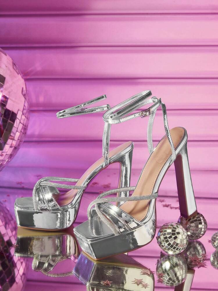 CUCCOO LuxiPop Women Shoes Square Head Water Platform Platform Shoes Stiletto Silver Rhinestone Strips Sexy Ladies High Heel Sandals Fish Mouth Sandals Nightclub Super High Water Platform Sandals Back To School Wear Halloween Christmas Party Wear