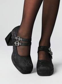 ROMWE Goth Zapatos de plataforma con tacón grueso y puntera redonda, estilo vintage y tacón ancho, nuevos para primavera, color negro - Negro - Ver 1