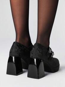 ROMWE Goth Zapatos de plataforma con tacón grueso y puntera redonda, estilo vintage y tacón ancho, nuevos para primavera, color negro - Negro - Ver 5