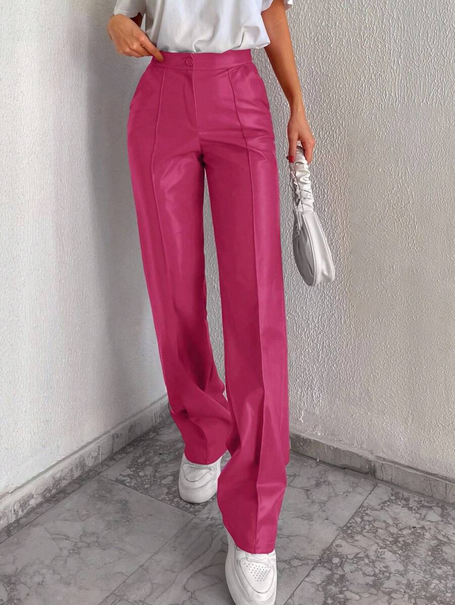 RueChic High Waist Seam Detail PU Pants - Hot Pink - View 1