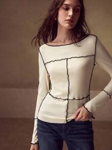 MOTF PREMIUM Camiseta de cuello de barco con costuras expuestas - Albaricoque - Ver 7