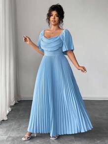 Elenzga 夏季大码优雅纯色褶皱连衣裙